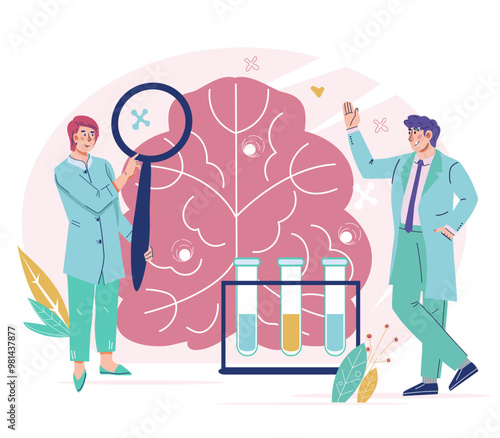 MRI and brain scan, diagnostics of neurological diseases, vector illustration isolated on white background. Brain health examinations and diagnostics. neurosurgery and cancer treatment.