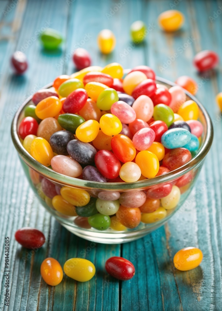 Colorful jelly beans in a glass bowl on a textured wooden surface Colorful jelly beans in a glass bowl on a textured wooden surface