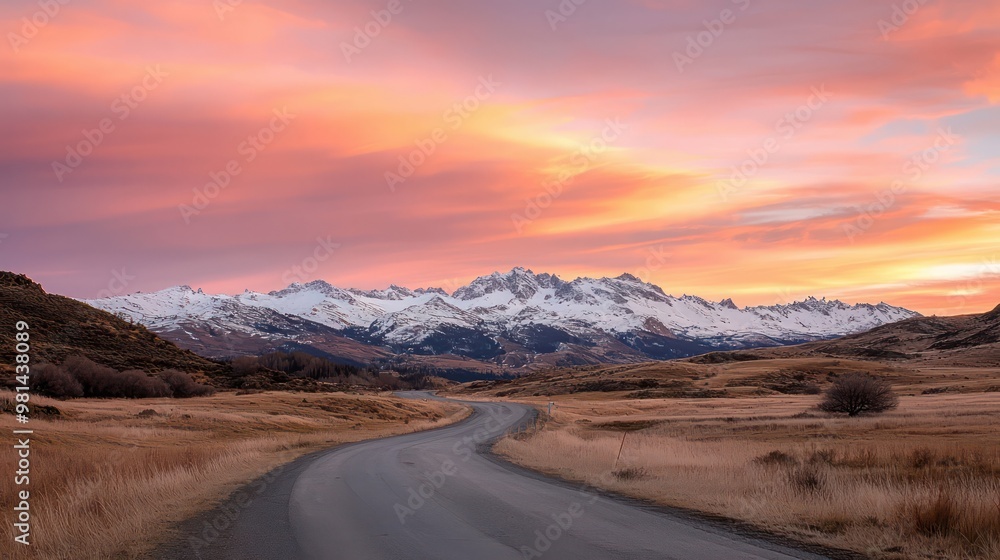 A road with mountains in the background and a beautiful sunset. The sky is filled with clouds and the sun is setting A road with mountains in the background and a beautiful sunset. The sky is filled with clouds and the sun is setting