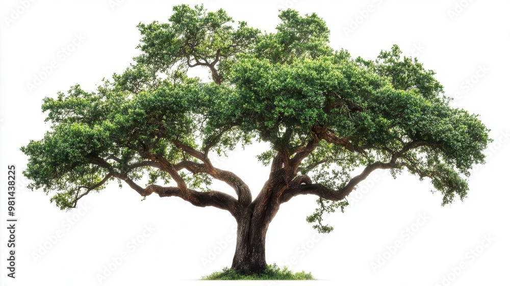 a serene forest scene featuring a towering ancient tree with sprawling branches and lush foliage isolated on a pure white background for versatile design use a serene forest scene featuring a towering ancient tree with sprawling branches and lush foliage isolated on a pure white background for versatile design use