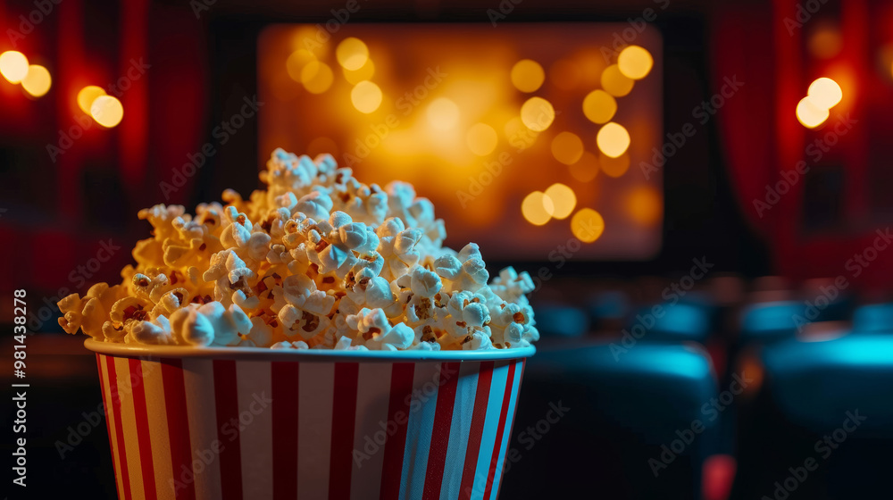 A bucket of popcorn against a movie screen A bucket of popcorn against a movie screen