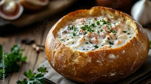 Savor the hearty clam chowder nestled in a crusty bread bowl garnished with fresh herbs