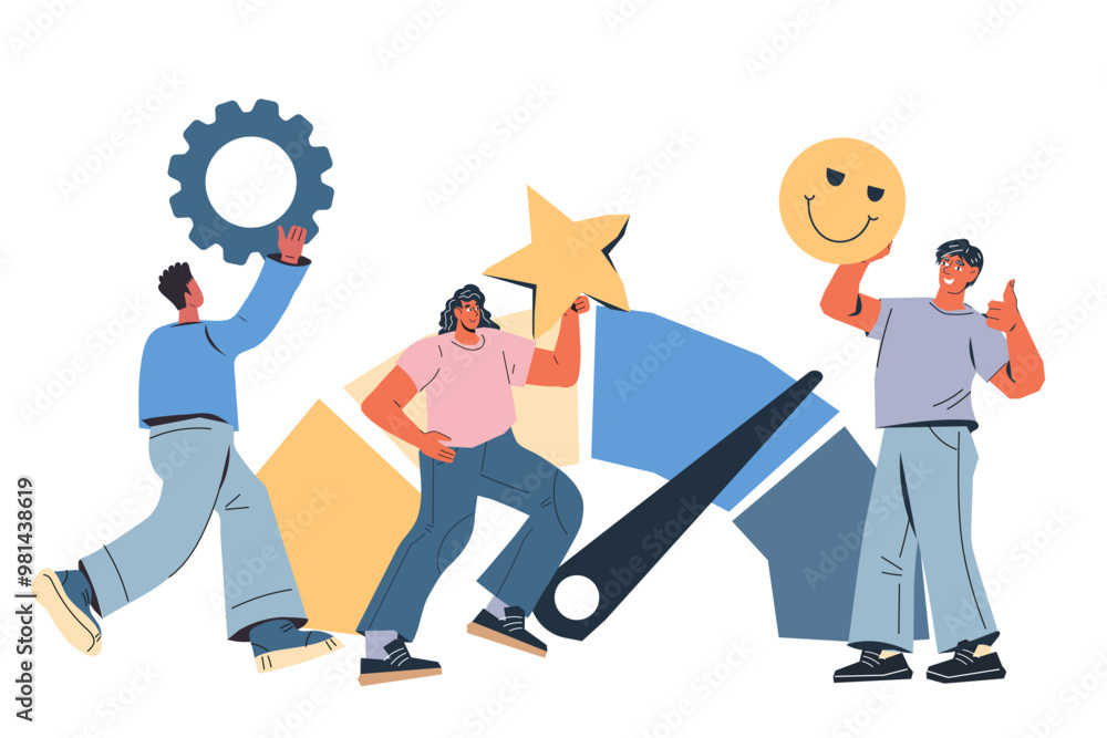 Employee engagement for the success of company and organization. Strategies to increase employee commitment and motivation towards achieving success, flat vector illustration isolated on white. Employee engagement for the success of company and organization. Strategies to increase employee commitment and motivation towards achieving success, flat vector illustration isolated on white.