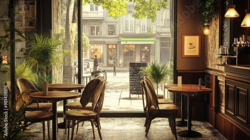 Cozy Cafe in the City Streets with Wooden Furniture and Greenery