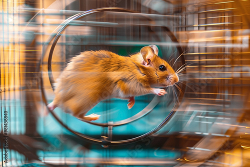 Energetic hamster joyfully jogging on its fun exercise wheel, thrillingly active and cheerful. Generative AI photo