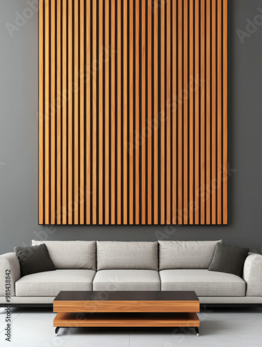 Modern living room with wood panel wall