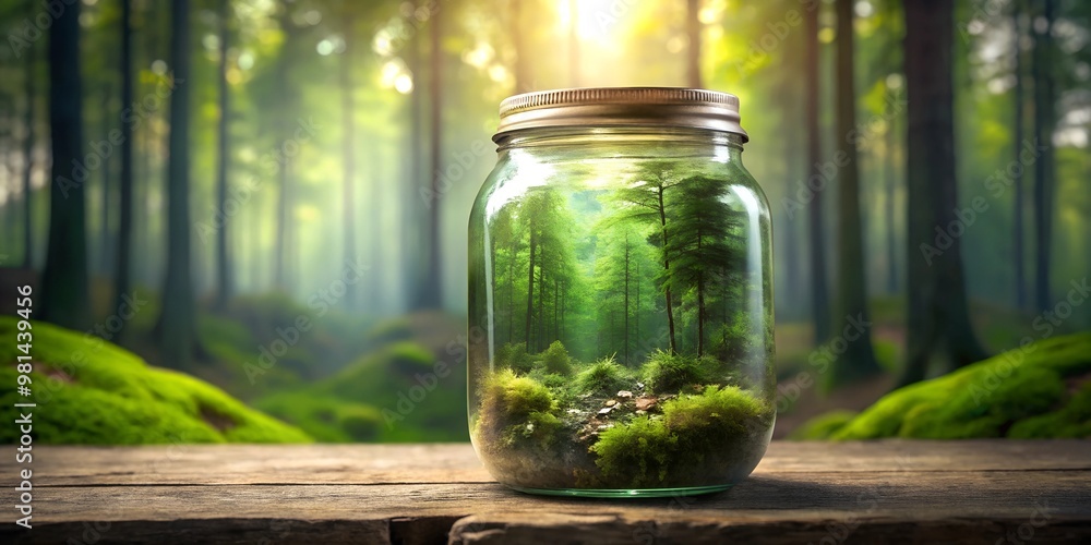 A glass jar contains a miniature forest scene, symbolizing the preservation of nature and environmental conservation. The surrounding woods add to the serene and peaceful atmosphere of this eco-friend A glass jar contains a miniature forest scene, symbolizing the preservation of nature and environmental conservation. The surrounding woods add to the serene and peaceful atmosphere of this eco-friend