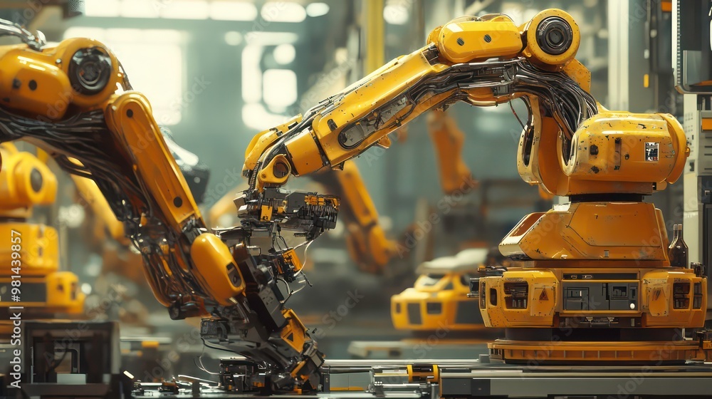 Close-up of a yellow robotic arm working in a factory. Close-up of a yellow robotic arm working in a factory.