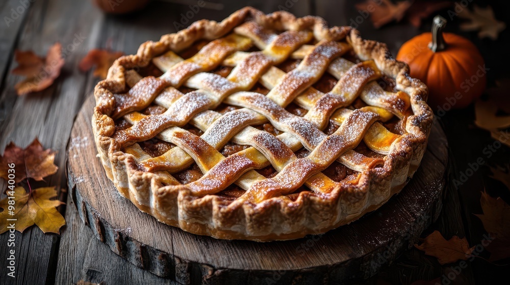 artisanal pumpkin pie with intricate lattice crust dusted with cinnamon and adorned with autumn leaves presented on rustic wooden table with warm ambient lighting artisanal pumpkin pie with intricate lattice crust dusted with cinnamon and adorned with autumn leaves presented on rustic wooden table with warm ambient lighting