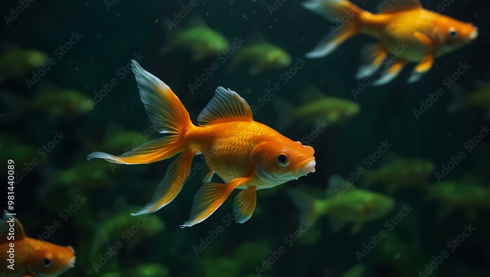 Goldfish swimming in a green pond illuminated from beneath. Goldfish swimming in a green pond illuminated from beneath.