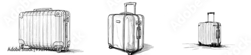 Modern illustration of a luggage valise with wheels and retractable handle. Black line sketch on white background.