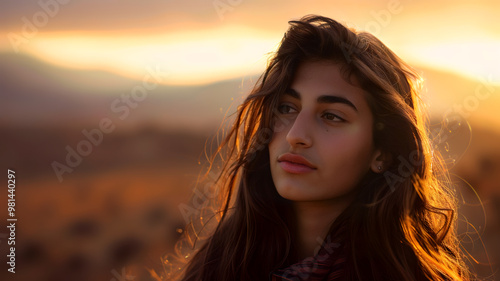 Cinematic still of a woman with long hair standing in sand with a environment of sadness