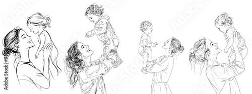 An illustration of a happy mom and her little son in continuous line art style. A mother holds her male child in the air. Black and white linear sketch isolated on a white background.