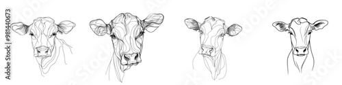 Inline drawing of horned cow with a minimalist black linear sketch isolated on white background. Modern illustration.