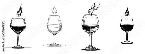 Intuitive illustration of a cognac glass with a fire in continuous line art drawing style. Hot drink in a brandy snifter with black linear design isolated on white background.