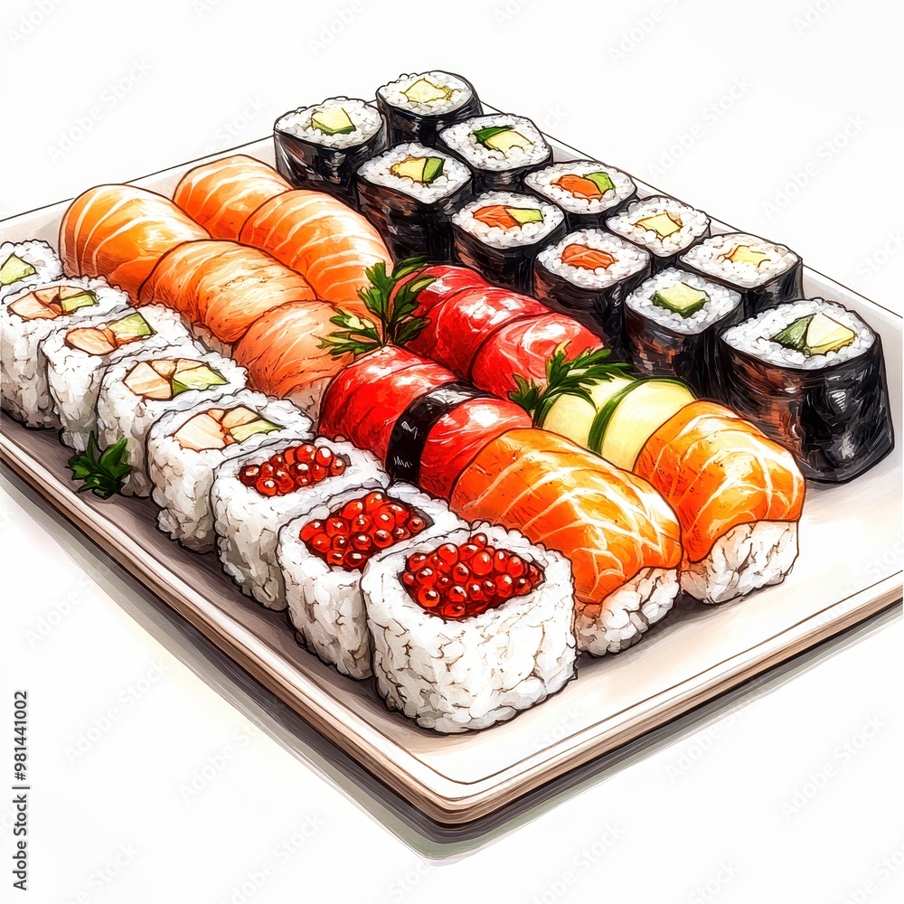 Delicious sushi platter with maki rolls and nigiri accompanied by wasabi and ginger Delicious sushi platter with maki rolls and nigiri accompanied by wasabi and ginger