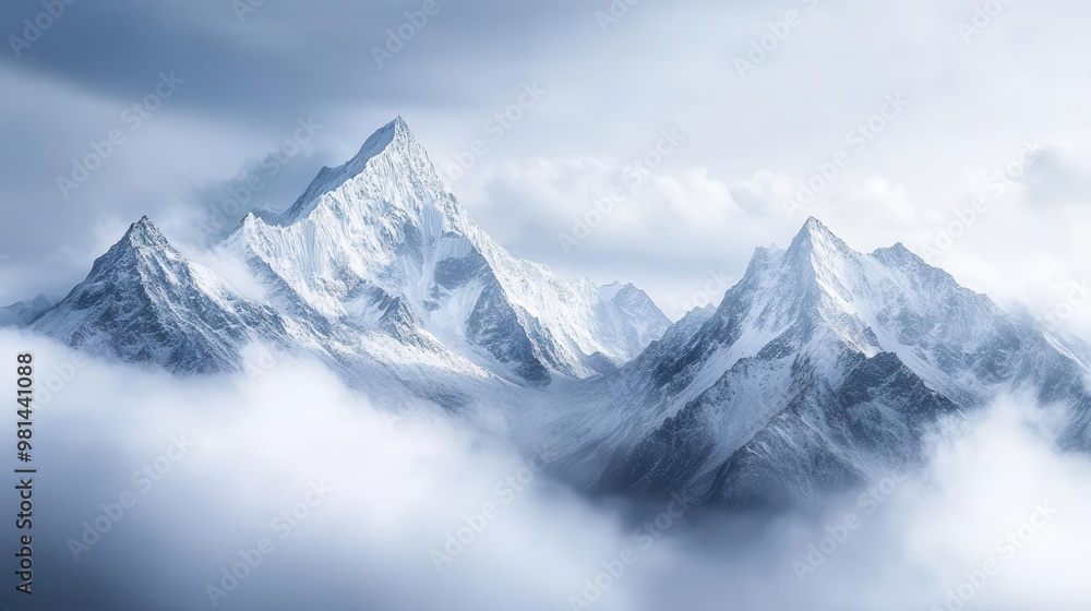 breathtaking panorama of snowcapped mountains shrouded in misty clouds jagged peaks pierce the sky creating a dramatic winter landscape that evokes a sense of awe and serenity breathtaking panorama of snowcapped mountains shrouded in misty clouds jagged peaks pierce the sky creating a dramatic winter landscape that evokes a sense of awe and serenity