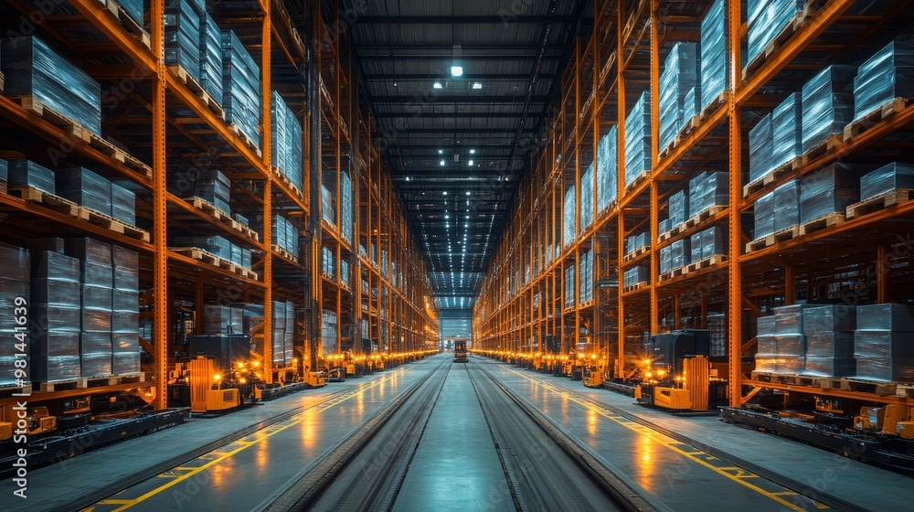 Automated guided vehicles operate efficiently in a busy warehouse during evening hours Automated guided vehicles operate efficiently in a busy warehouse during evening hours