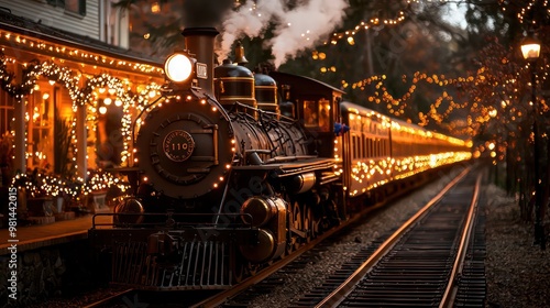 A train with a large black engine and a long train car with lights on it. The train is on a track with lights hanging from the trees