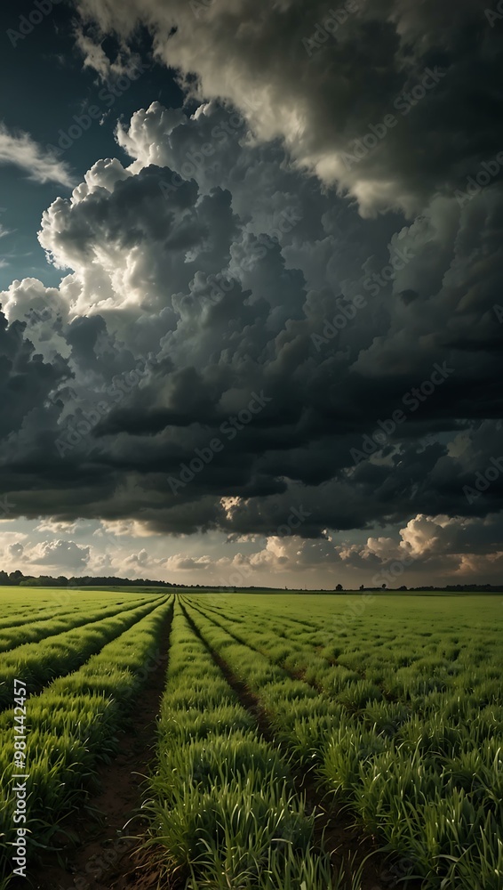 Green field under a dramatic cloudy sky. Green field under a dramatic cloudy sky.