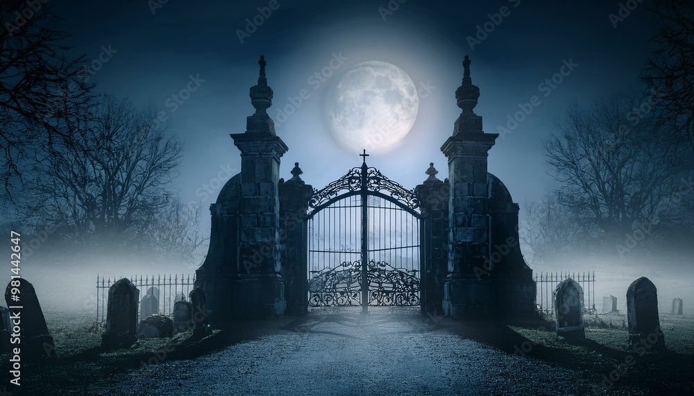 Naklejka premium Old cemetery gate surrounded by fog and bats flying under moonlight, halloween