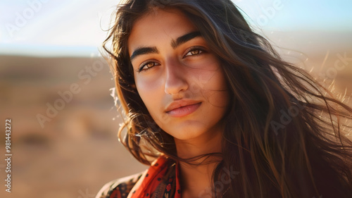 Cinematic still of a woman with long hair standing in sand with a environment of sadness