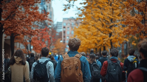 Autumn City Scene with a Crowd of People