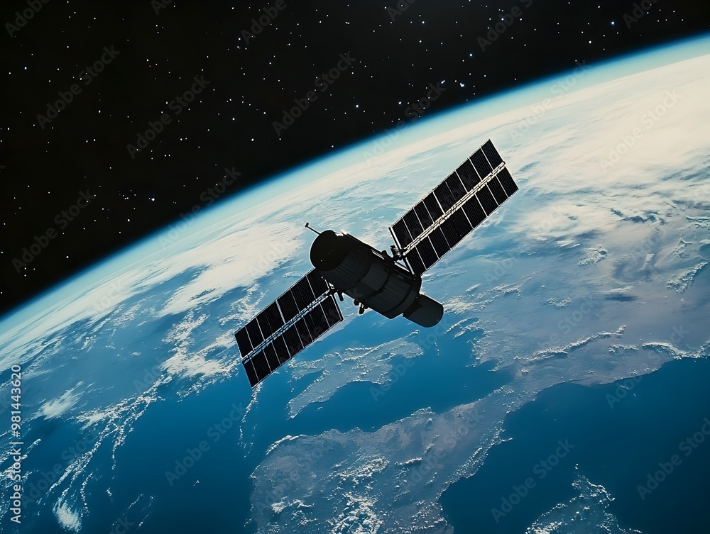 Silhouette of a Satellite Orbiting the Majestic Blue Planet Earth against a Captivating Starry Night Sky Silhouette of a Satellite Orbiting the Majestic Blue Planet Earth against a Captivating Starry Night Sky
