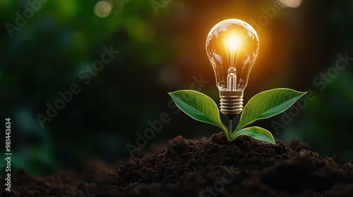 A light bulb is planted in the dirt. The bulb is lit up and surrounded by green leaves. Concept of growth and new beginnings