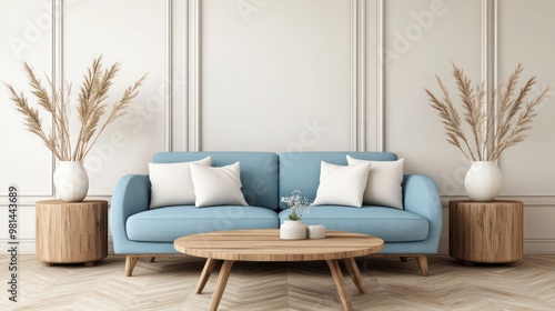 A blue couch is placed in front of a white wall, with a vase of flowers on a table in the middle. The room has a clean and minimalist design, with wooden furniture and a rug on the floor