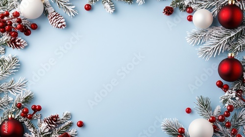 A blue background with white and red Christmas decorations. The decorations include a white and red ornament, a red and white ornament, and a red and white ornament