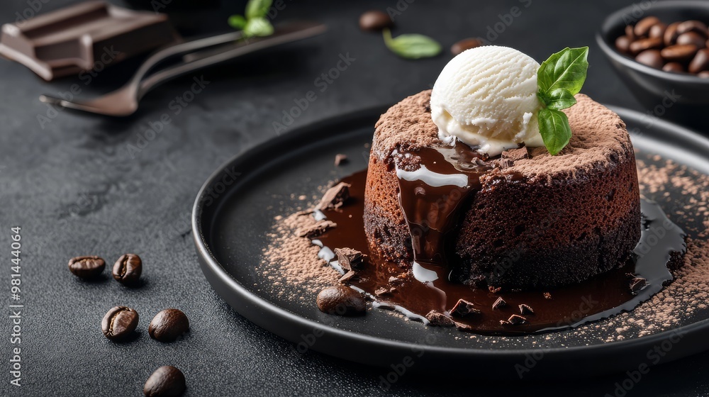 A rich chocolate dessert oozes decadent fudge topped with creamy ice cream and mint A rich chocolate dessert oozes decadent fudge topped with creamy ice cream and mint