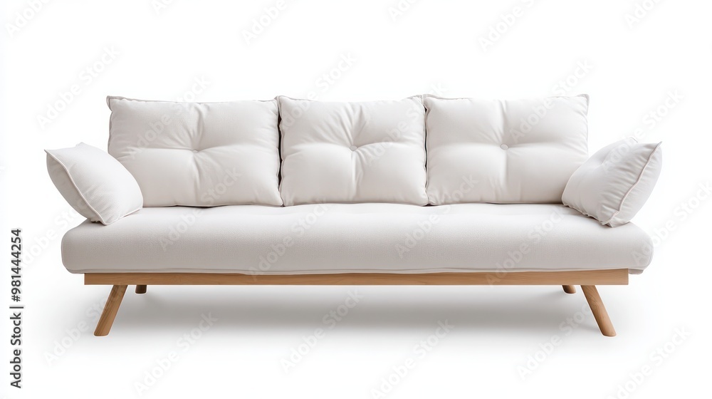 A white couch with wooden legs and pillows. The couch is empty and has a clean, minimalist look A white couch with wooden legs and pillows. The couch is empty and has a clean, minimalist look