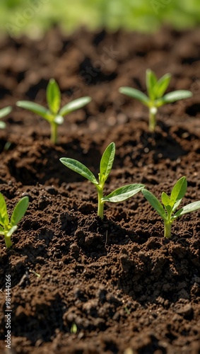 Green seedlings thriving in rich soil, symbolizing growth and renewal.