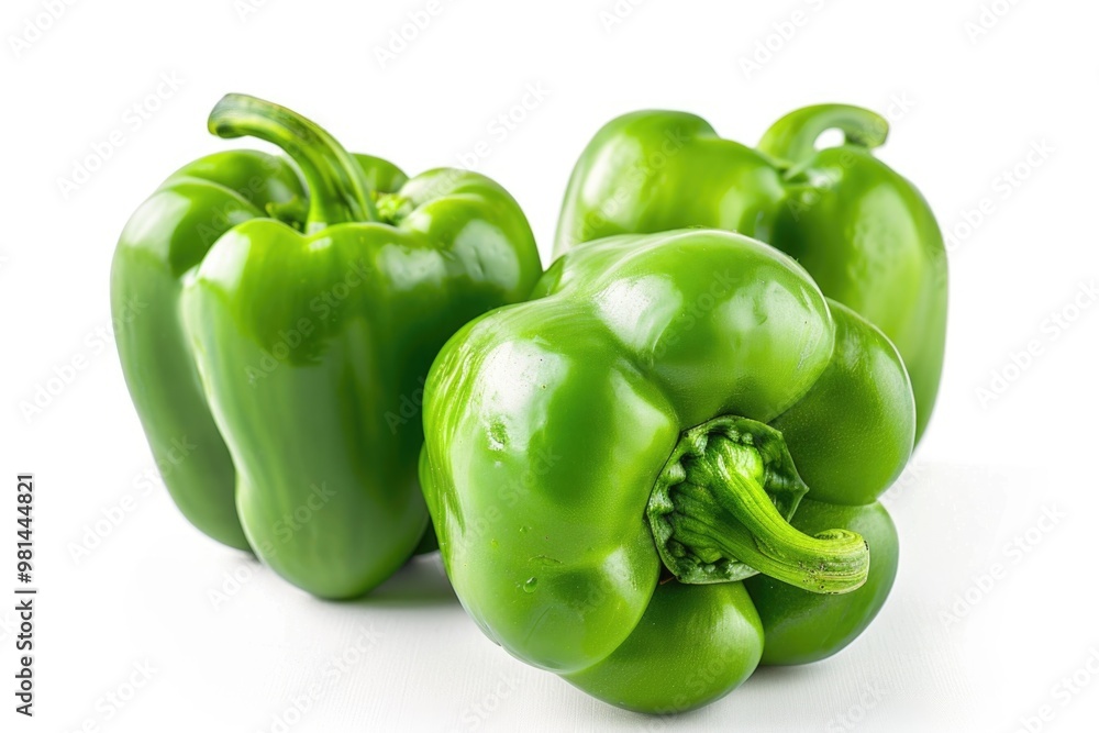 A collection of green peppers arranged on a clean white background A collection of green peppers arranged on a clean white background
