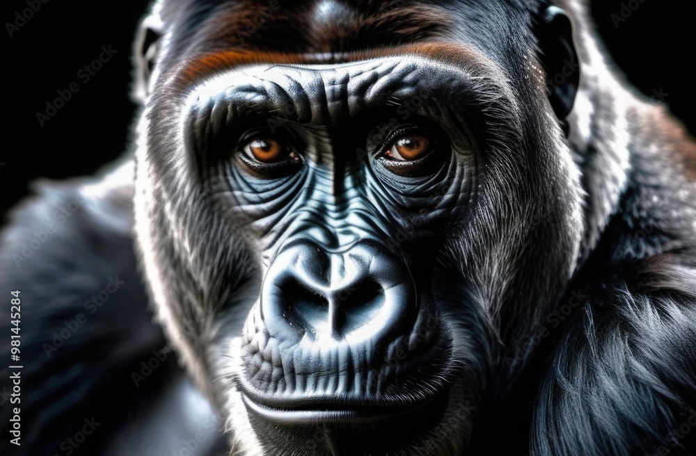 Banner. Close-up portrait of a gorilla on a dark background. Postcard with animals. Banner. Close-up portrait of a gorilla on a dark background. Postcard with animals.