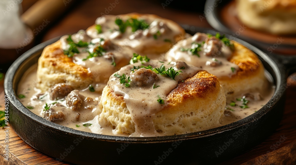 Indulging in warm biscuits lavishly coated in savory sausage gravy Indulging in warm biscuits lavishly coated in savory sausage gravy