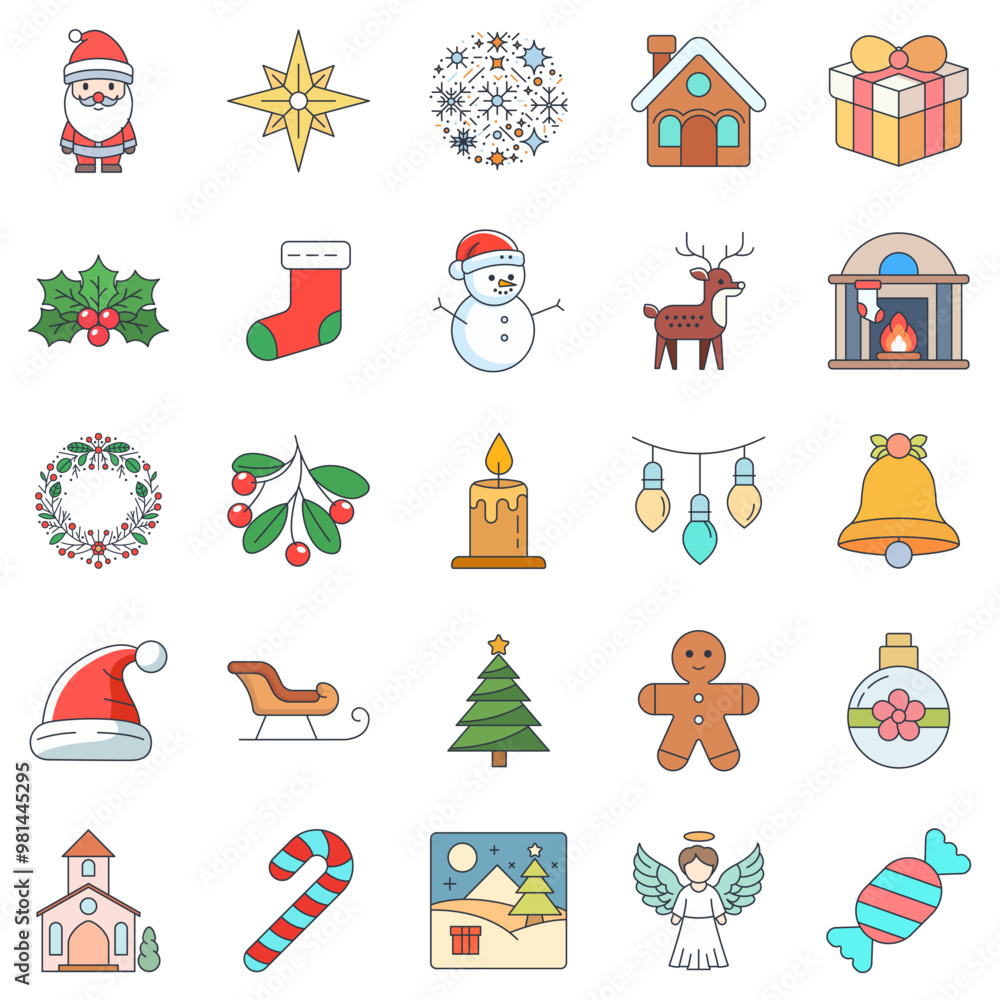 Christmas icons set, Included icons as Angel, santa claus, Christmas tree, Church and more symbols collection, logo isolated vector illustration Christmas icons set, Included icons as Angel, santa claus, Christmas tree, Church and more symbols collection, logo isolated vector illustration