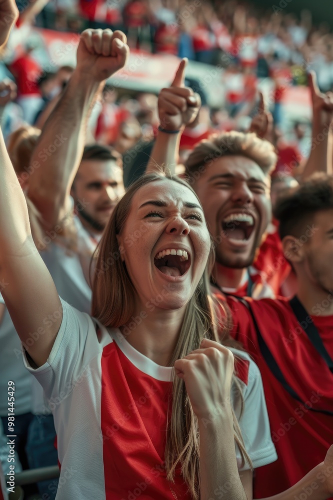 A group of enthusiastic soccer fans cheering and celebrating together in a packed stadium A group of enthusiastic soccer fans cheering and celebrating together in a packed stadium