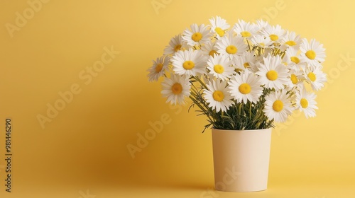 Wallpaper Mural A vase of white daisies sits on a yellow background. The vase is the main focus of the image, and the daisies are arranged in a way that draws the viewer's attention to them Torontodigital.ca