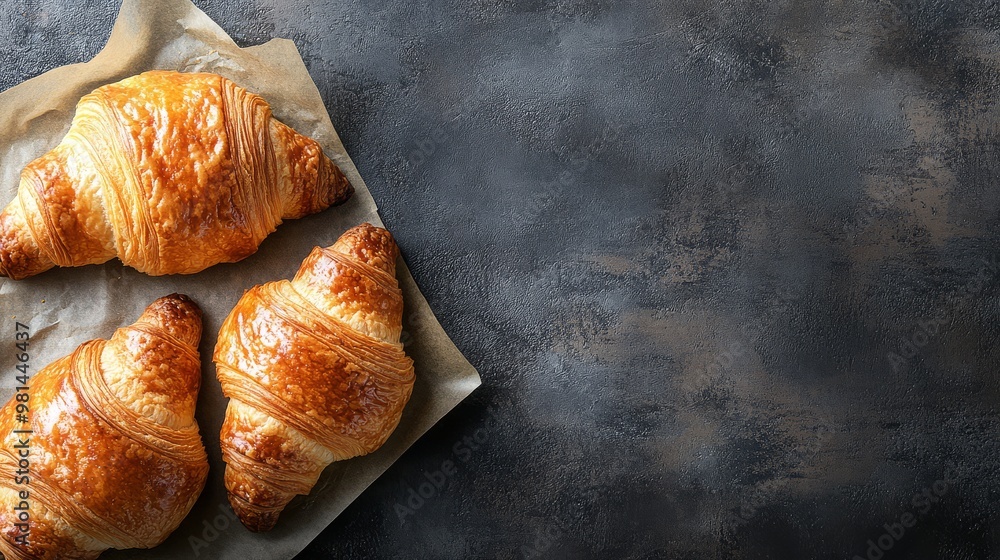 Warm flaky croissants on parchment invite you to enjoy their buttery goodness Warm flaky croissants on parchment invite you to enjoy their buttery goodness