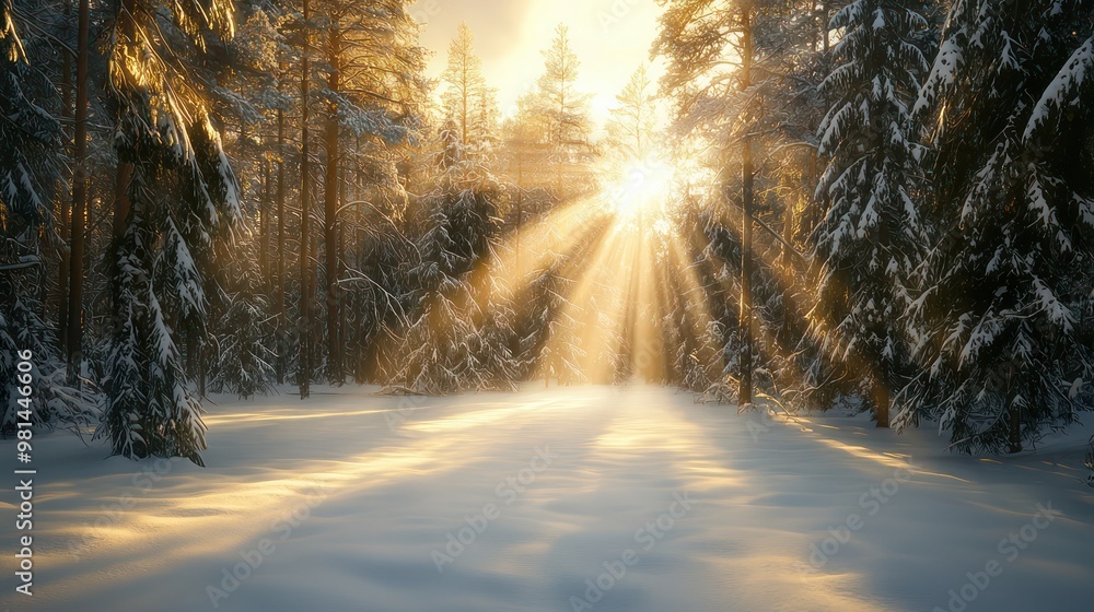 A bright sun shines through the trees, casting a warm glow on the snow-covered ground. The scene is peaceful and serene, with the sun's rays creating a beautiful contrast against the white snow A bright sun shines through the trees, casting a warm glow on the snow-covered ground. The scene is peaceful and serene, with the sun's rays creating a beautiful contrast against the white snow