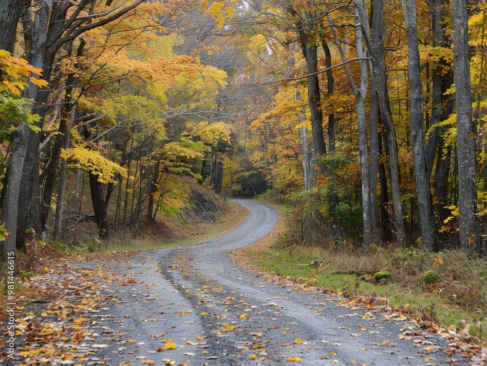 Obraz premium A tranquil autumn road through the forest at sunset.