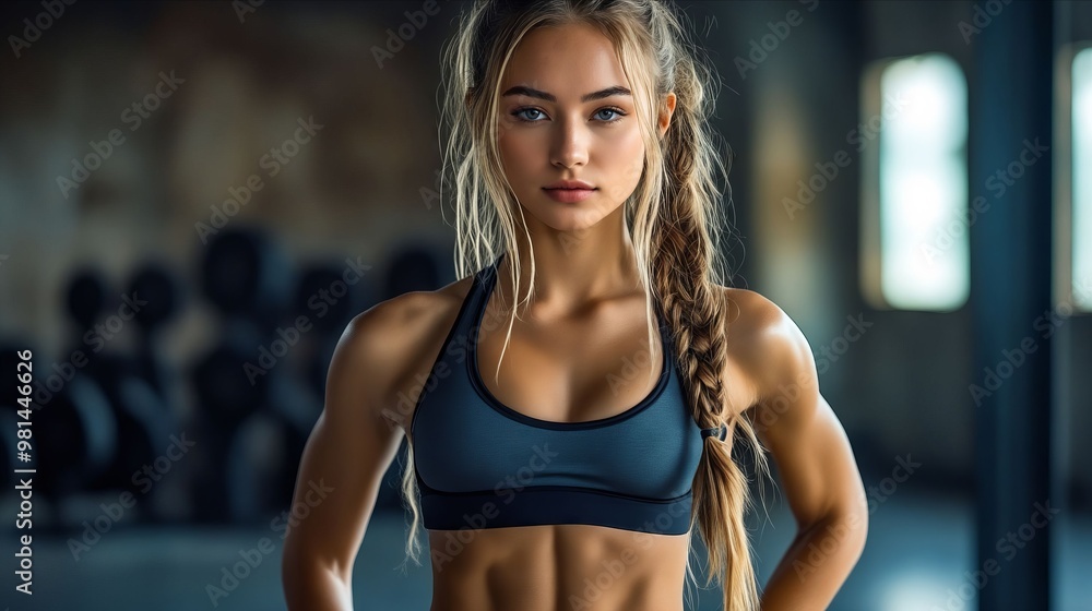 A woman in a blue sports bra top standing in a gym A woman in a blue sports bra top standing in a gym