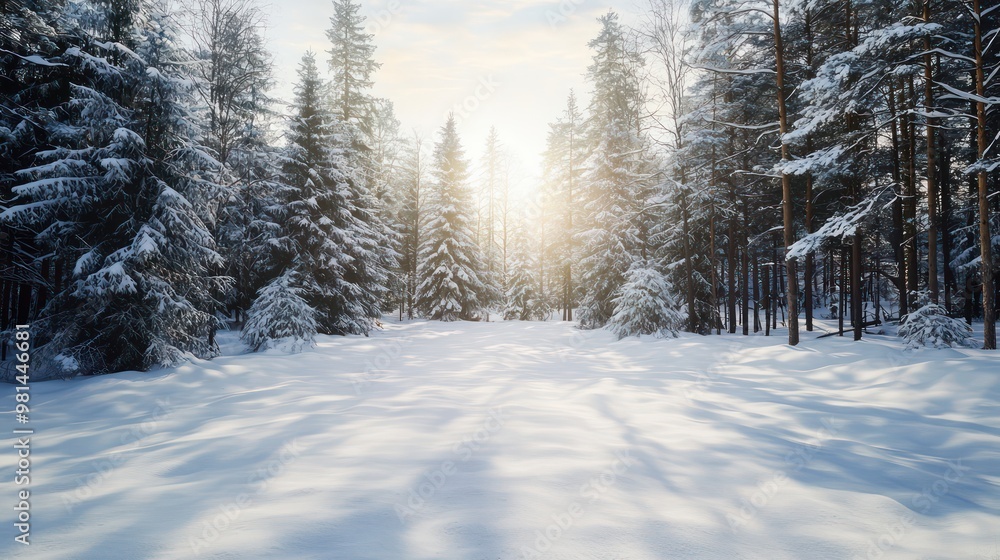 A snowy forest with trees and a sun shining through the trees. The sun is casting shadows on the snow A snowy forest with trees and a sun shining through the trees. The sun is casting shadows on the snow