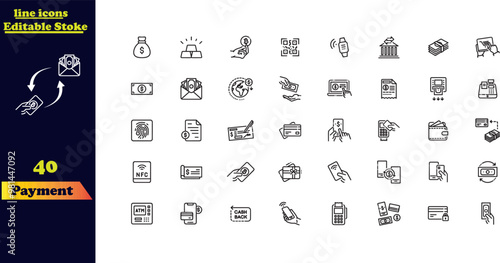 Editable stroke icon set for payments, featuring a collection of business and finance icons including money, banking, credit cards, and currency exchange.