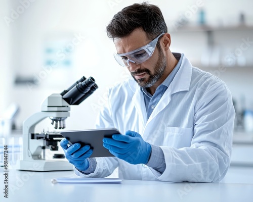 Scientist in Modern Laboratory Professional Researcher Examining Data on Tablet, Clean Lab Setting, Focus on Technology and Discovery, Science and Technology Concept