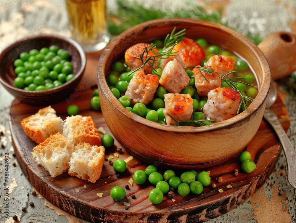 Grilled chicken and peas in a wooden bowl on rustic table. Grilled chicken and peas in a wooden bowl on rustic table.