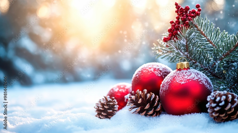 Red christmas balls and pine cones lying on the snow in a winter forest at sunset Red christmas balls and pine cones lying on the snow in a winter forest at sunset
