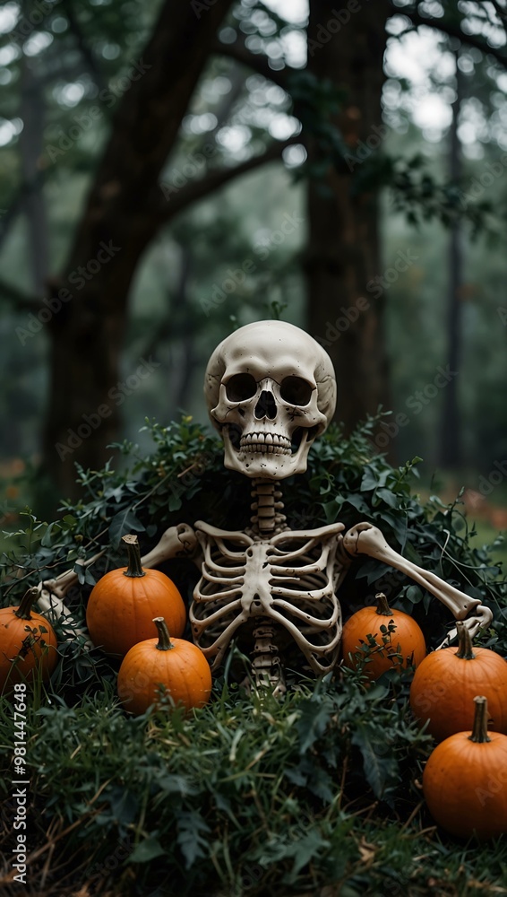 Halloween-themed setup with a skull, pumpkin, skeleton bones, and dark greenery. Halloween-themed setup with a skull, pumpkin, skeleton bones, and dark greenery.
